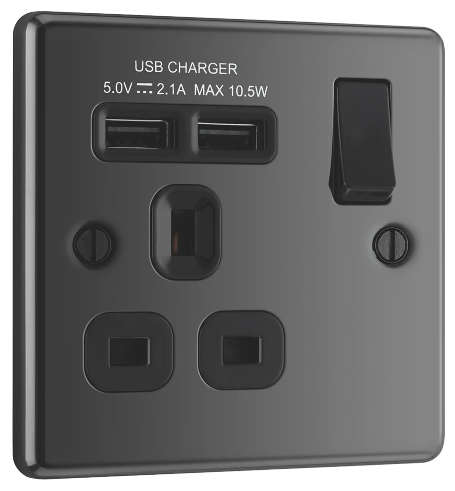 LAP 13A 1-Gang SP Switched Socket + 2.1A 2-Outlet Type A USB Charger Black Nickel With Black Inserts 4 LAP 13A 1-Gang SP Switched Socket + 2.1A 2-Outlet Type A USB Charger Black Nickel With Black Inserts - Image 2