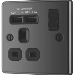 LAP 13A 1-Gang SP Switched Socket + 2.1A 2-Outlet Type A USB Charger Black Nickel With Black Inserts