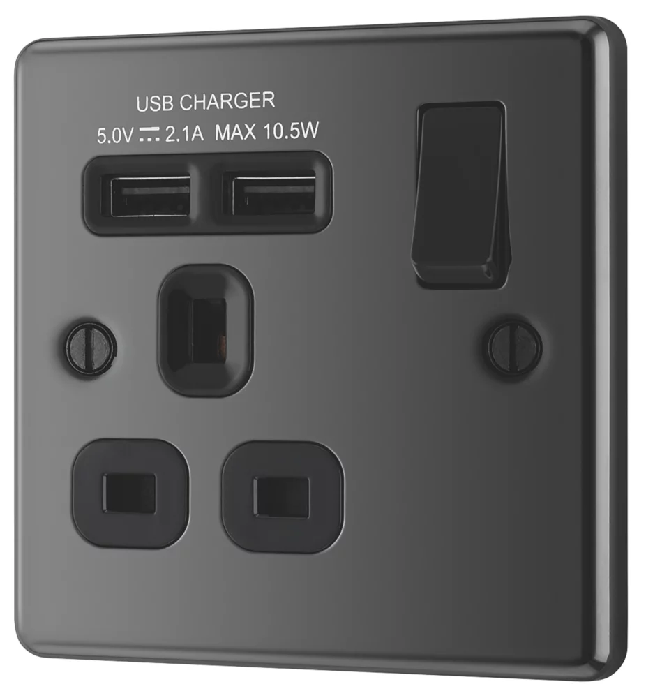 LAP 13A 1-Gang SP Switched Socket + 2.1A 2-Outlet Type A USB Charger Black Nickel With Black Inserts 3 LAP 13A 1-Gang SP Switched Socket + 2.1A 2-Outlet Type A USB Charger Black Nickel With Black Inserts