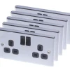 LAP 13A 2-Gang SP Switched Plug Socket Polished Chrome With Black Inserts 5 Pack -British General Shop 1173C P