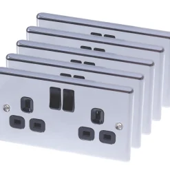 LAP 13A 2-Gang SP Switched Plug Socket Polished Chrome With Black Inserts 5 Pack