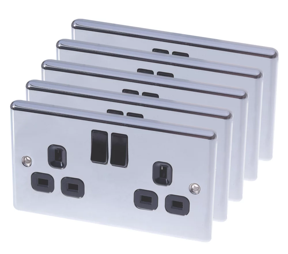 LAP 13A 2-Gang SP Switched Plug Socket Polished Chrome With Black Inserts 5 Pack 3 LAP 13A 2-Gang SP Switched Plug Socket Polished Chrome With Black Inserts 5 Pack