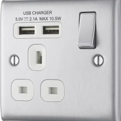 British General Nexus Metal 13A 1-Gang SP Switched Socket + 2.1A 2-Outlet Type A USB Charger Brushed Steel With White Inserts