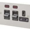 MK Edge 45A 2-Gang DP Cooker Switch & 13A DP Switched Socket Brushed Stainless Steel With Neon With Black Inserts -British General Shop 123FF P