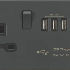 Knightsbridge SFR7USB4AT 13A 1-Gang SP Switched Socket + 5.1A 4-Outlet Type A USB Charger Anthracite With Black Inserts