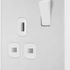 British General Evolve 13A 1-Gang SP Switched Socket Brushed Steel With White Inserts -British General Shop 126RF P