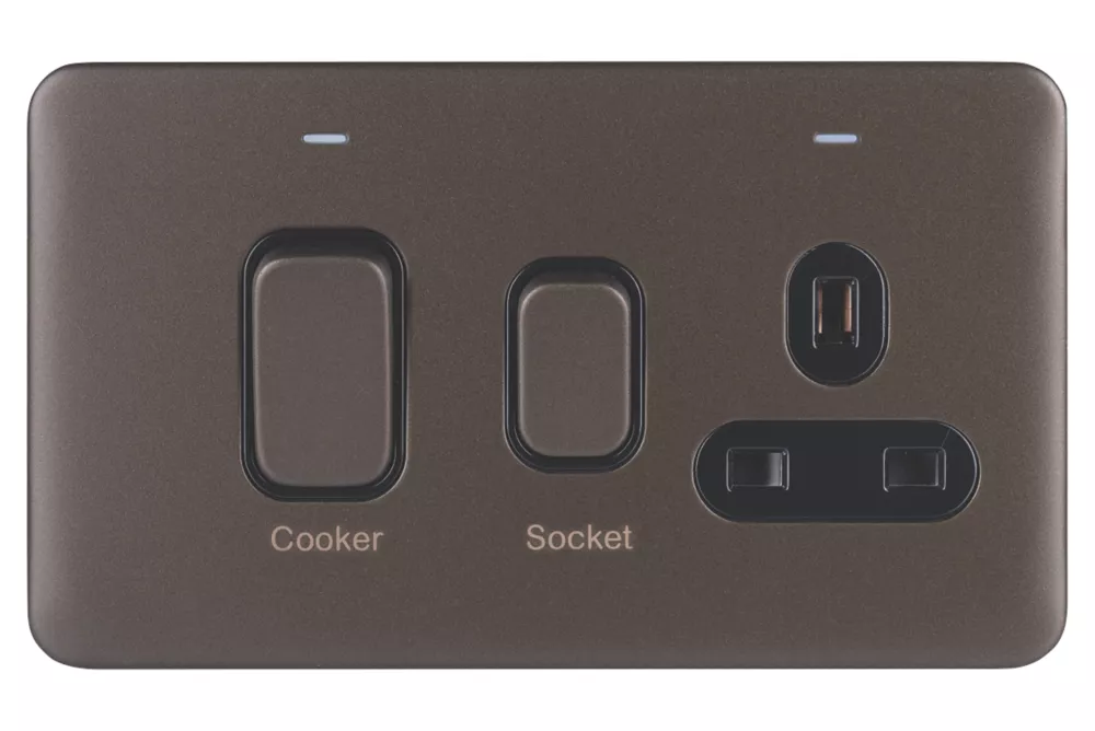Schneider Electric Lisse Deco 45A 2-Gang DP Cooker Switch & 13A DP Switched Socket Mocha Bronze With LED With Black Inserts 4 Schneider Electric Lisse Deco 45A 2-Gang DP Cooker Switch & 13A DP Switched Socket Mocha Bronze With LED With Black Inserts - Image 2