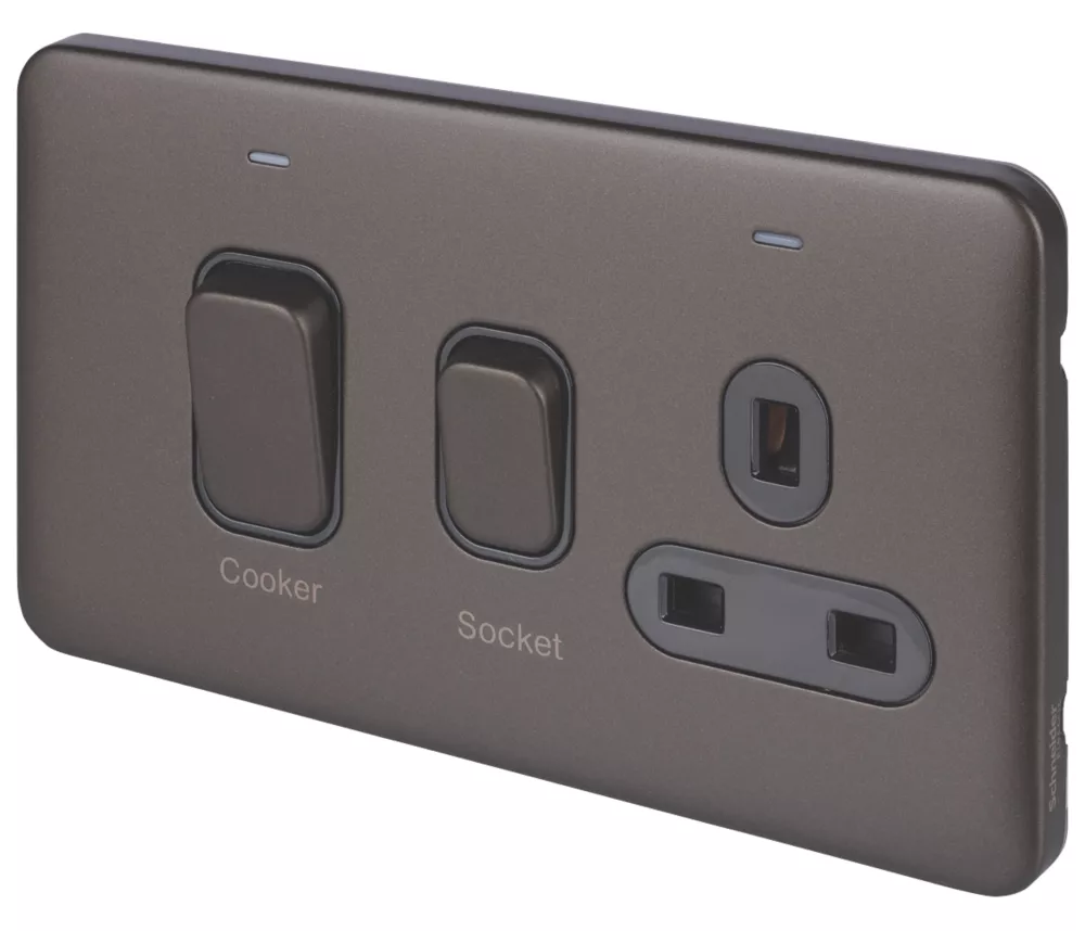 Schneider Electric Lisse Deco 45A 2-Gang DP Cooker Switch & 13A DP Switched Socket Mocha Bronze With LED With Black Inserts 3 Schneider Electric Lisse Deco 45A 2-Gang DP Cooker Switch & 13A DP Switched Socket Mocha Bronze With LED With Black Inserts