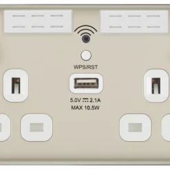 British General Nexus Metal 13A 2-Gang SP Switched Double Socket With WiFi Extender + 2.1A 1-Outlet Type A USB Charger Pearl Nickel With White Inserts -British General Shop 133XG A2