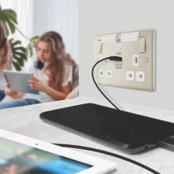 British General Nexus Metal 13A 2-Gang SP Switched Double Socket With WiFi Extender + 2.1A 1-Outlet Type A USB Charger Pearl Nickel With White Inserts -British General Shop 133XG A7