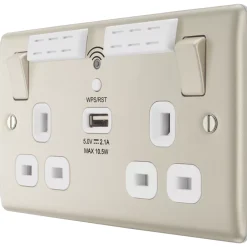 British General Nexus Metal 13A 2-Gang SP Switched Double Socket With WiFi Extender + 2.1A 1-Outlet Type A USB Charger Pearl Nickel With White Inserts