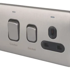 Schneider Electric Lisse Deco 45A 2-Gang DP Cooker Switch & 13A DP Switched Socket Brushed Stainless Steel With LED With Black Inserts