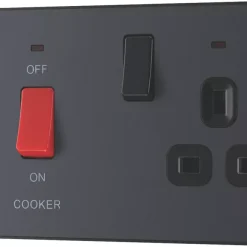 British General Evolve 45A 2-Gang 2-Pole Cooker Switch & 13A DP Switched Socket Grey With LED With Black Inserts -British General Shop 151PX A3