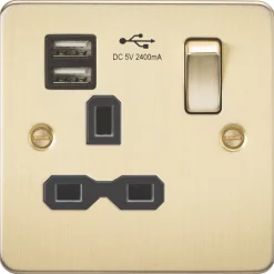 Knightsbridge FPR9124BB 13A 1-Gang SP Switched Socket + 2.4A 2-Outlet Type A USB Charger Brushed Brass With Black Inserts