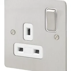 MK Edge 13A 1-Gang DP Switched Plug Socket Brushed Stainless Steel With White Inserts