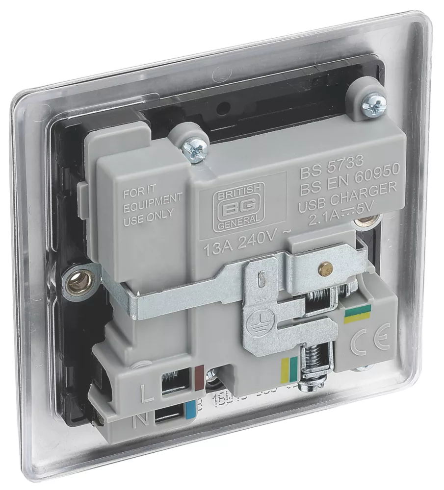 British General Nexus Metal 13A 1-Gang SP Switched Socket + 2.1A 2-Outlet Type A USB Charger Brushed Steel With Black Inserts 5 British General Nexus Metal 13A 1-Gang SP Switched Socket + 2.1A 2-Outlet Type A USB Charger Brushed Steel With Black Inserts - Image 3