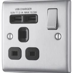 British General Nexus Metal 13A 1-Gang SP Switched Socket + 2.1A 2-Outlet Type A USB Charger Brushed Steel With Black Inserts