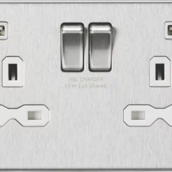 Knightsbridge SFR9224BCW 13A 2-Gang SP Switched Socket + 2.4A 2-Outlet Type A USB Charger Brushed Chrome With White Inserts