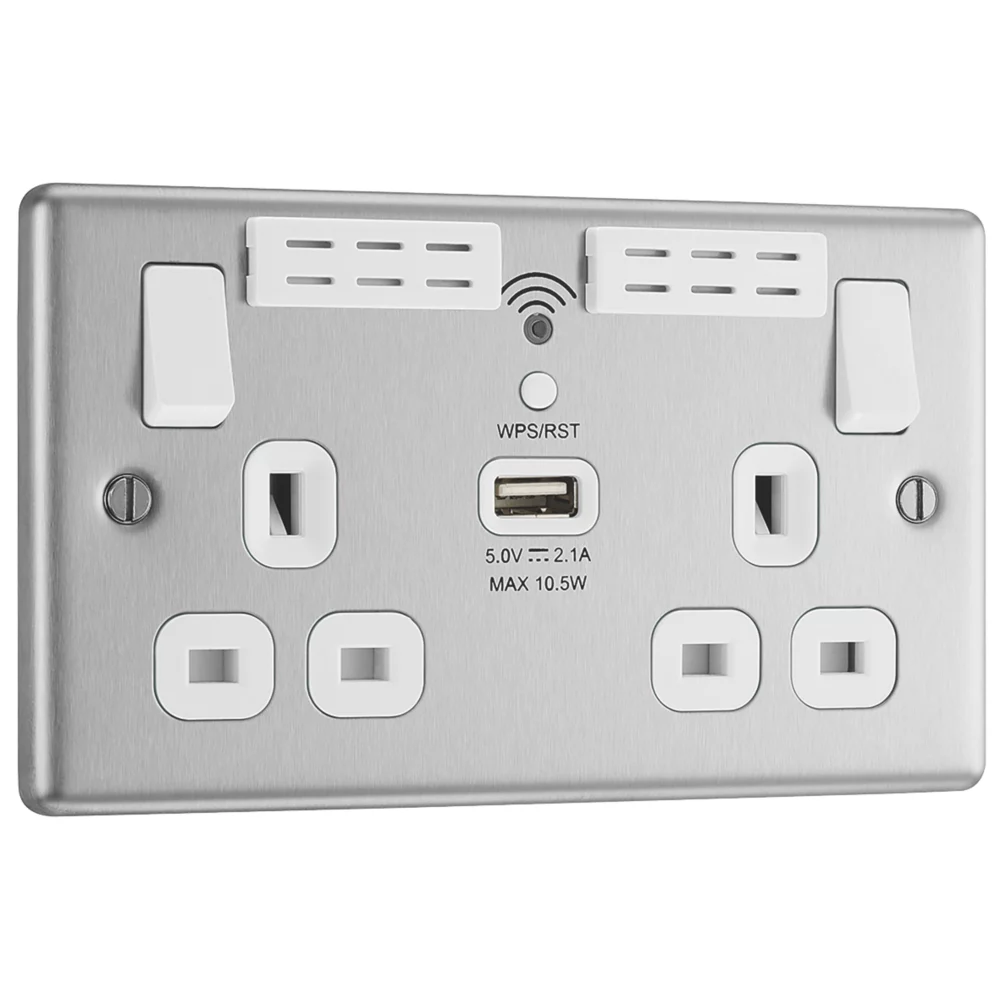 LAP 13A 2-Gang SP Switched Wi-Fi Extender + 2.1A 1-Outlet Type A USB Charger Brushed Steel With White Inserts 4 LAP 13A 2-Gang SP Switched Wi-Fi Extender + 2.1A 1-Outlet Type A USB Charger Brushed Steel With White Inserts - Image 2