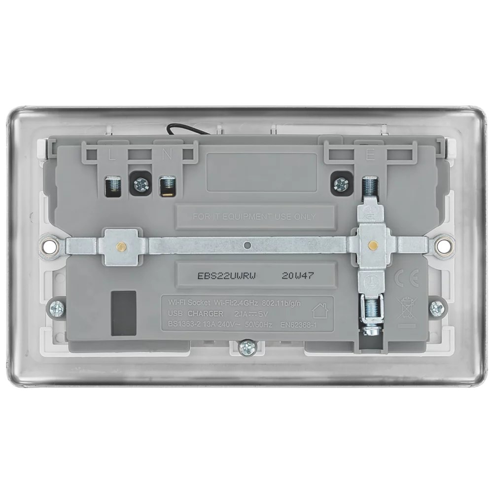 LAP 13A 2-Gang SP Switched Wi-Fi Extender + 2.1A 1-Outlet Type A USB Charger Brushed Steel With White Inserts 6 LAP 13A 2-Gang SP Switched Wi-Fi Extender + 2.1A 1-Outlet Type A USB Charger Brushed Steel With White Inserts - Image 4
