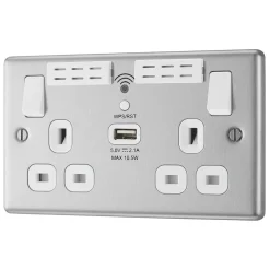 LAP 13A 2-Gang SP Switched Wi-Fi Extender + 2.1A 1-Outlet Type A USB Charger Brushed Steel With White Inserts
