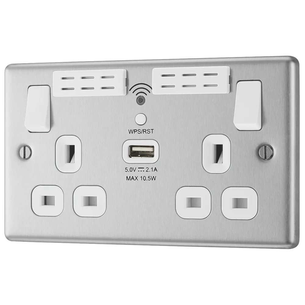 LAP 13A 2-Gang SP Switched Wi-Fi Extender + 2.1A 1-Outlet Type A USB Charger Brushed Steel With White Inserts 3 LAP 13A 2-Gang SP Switched Wi-Fi Extender + 2.1A 1-Outlet Type A USB Charger Brushed Steel With White Inserts