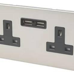 Varilight 13AX 2-Gang Unswitched Socket + 2.1A 2-Outlet Type A USB Charger Satin Chrome With Black Inserts