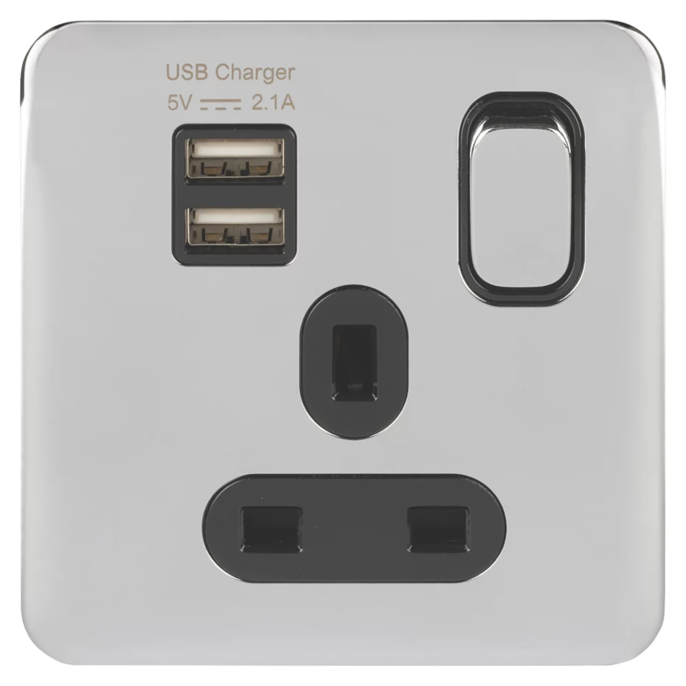 Schneider Electric Lisse Deco 13A 1-Gang SP Switched Socket + 2.1A 2-Outlet Type A USB Charger Polished Chrome With Black Inserts 4 Schneider Electric Lisse Deco 13A 1-Gang SP Switched Socket + 2.1A 2-Outlet Type A USB Charger Polished Chrome With Black Inserts - Image 2