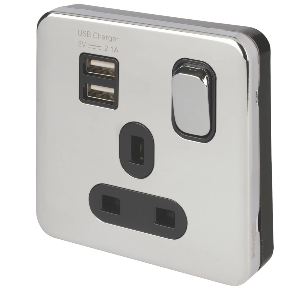Schneider Electric Lisse Deco 13A 1-Gang SP Switched Socket + 2.1A 2-Outlet Type A USB Charger Polished Chrome With Black Inserts 3 Schneider Electric Lisse Deco 13A 1-Gang SP Switched Socket + 2.1A 2-Outlet Type A USB Charger Polished Chrome With Black Inserts