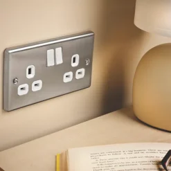 LAP 13A 2-Gang SP Switched Plug Socket Brushed Stainless Steel With White Inserts 5 Pack -British General Shop 1772C A6