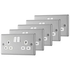 LAP 13A 2-Gang SP Switched Plug Socket Brushed Stainless Steel With White Inserts 5 Pack