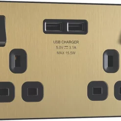 British General Evolve 13A 2-Gang SP Switched Socket + 3.1A 2-Outlet Type A USB Charger Satin Brass With Black Inserts -British General Shop 182RF A1