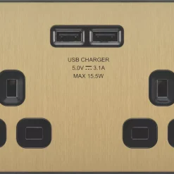 British General Evolve 13A 2-Gang SP Switched Socket + 3.1A 2-Outlet Type A USB Charger Satin Brass With Black Inserts -British General Shop 182RF A2