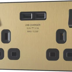 British General Evolve 13A 2-Gang SP Switched Socket + 3.1A 2-Outlet Type A USB Charger Satin Brass With Black Inserts -British General Shop 182RF A3