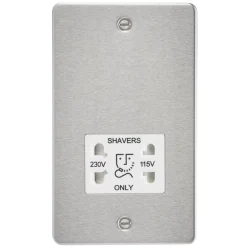 Knightsbridge FP8900BCW 2-Gang Dual Voltage Shaver Socket 115 V / 230V Brushed Chrome With White Inserts