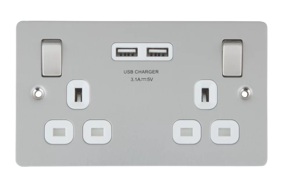 LAP 13A 2-Gang SP Switched Socket + 3.1A 2-Outlet Type A USB Charger Brushed Stainless Steel With White Inserts 4 LAP 13A 2-Gang SP Switched Socket + 3.1A 2-Outlet Type A USB Charger Brushed Stainless Steel With White Inserts - Image 2