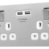 LAP 13A 2-Gang SP Switched Socket + 3.1A 2-Outlet Type A USB Charger Brushed Stainless Steel With White Inserts -British General Shop 1861P P
