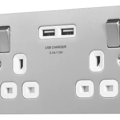 LAP 13A 2-Gang SP Switched Socket + 3.1A 2-Outlet Type A USB Charger Brushed Stainless Steel With White Inserts