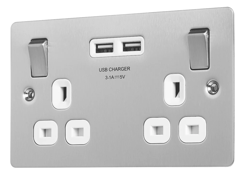 LAP 13A 2-Gang SP Switched Socket + 3.1A 2-Outlet Type A USB Charger Brushed Stainless Steel With White Inserts 3 LAP 13A 2-Gang SP Switched Socket + 3.1A 2-Outlet Type A USB Charger Brushed Stainless Steel With White Inserts