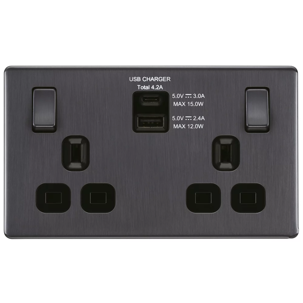 LAP 13A 2-Gang DP Switched Socket + 4.2A 2-Outlet Type A & C USB Charger Slate Grey With Black Inserts 4 LAP 13A 2-Gang DP Switched Socket + 4.2A 2-Outlet Type A & C USB Charger Slate Grey With Black Inserts - Image 2