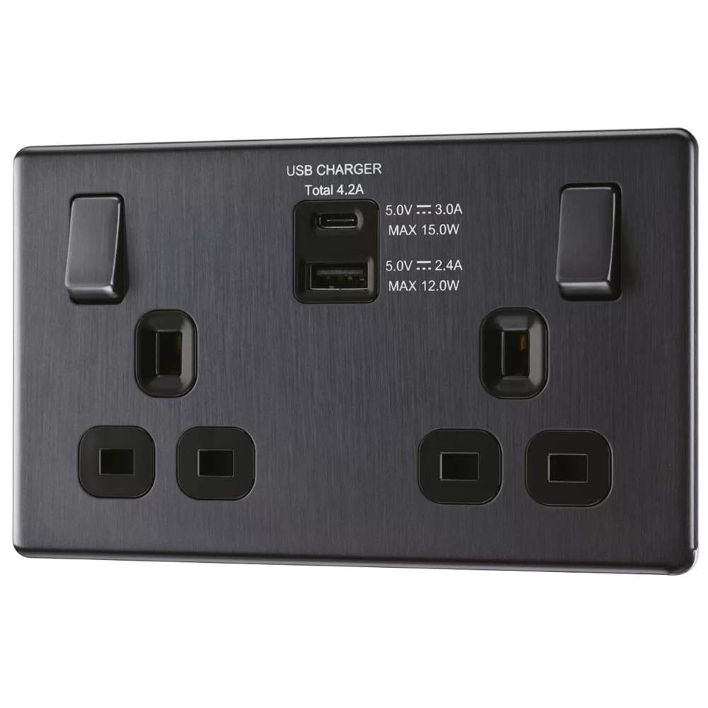 LAP 13A 2-Gang DP Switched Socket + 4.2A 2-Outlet Type A & C USB Charger Slate Grey With Black Inserts 3 LAP 13A 2-Gang DP Switched Socket + 4.2A 2-Outlet Type A & C USB Charger Slate Grey With Black Inserts