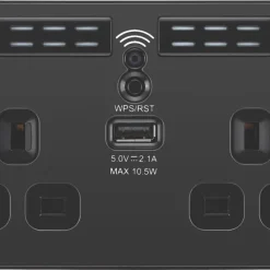 British General Evolve 13A 2-Gang SP Switched Double Socket With WiFi Extender + 2.1A 1-Outlet Type A USB Charger Black With Black Inserts -British General Shop 190RF A2