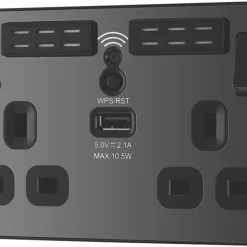 British General Evolve 13A 2-Gang SP Switched Double Socket With WiFi Extender + 2.1A 1-Outlet Type A USB Charger Black With Black Inserts -British General Shop 190RF A3