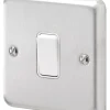 MK Albany Plus 10AX 1-Gang 2-Way Switch Brushed Stainless Steel With White Inserts