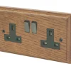 Varilight 13AX 2-Gang DP Switched Plug Socket Medium Oak With Black Inserts