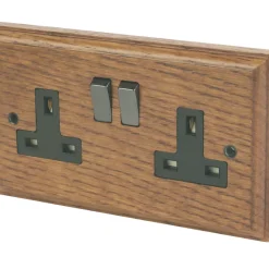 Varilight 13AX 2-Gang DP Switched Plug Socket Medium Oak With Black Inserts