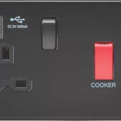 Knightsbridge SFR8333UMBB 45 & 13A 1-Gang DP Cooker Switch & 13A DP Switched Socket + 2.4A 2-Outlet Type A USB Charger Matt Black With Black Inserts