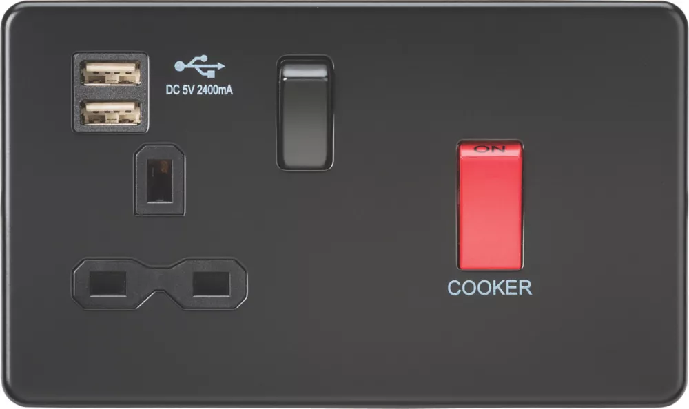 Knightsbridge SFR8333UMBB 45 & 13A 1-Gang DP Cooker Switch & 13A DP Switched Socket + 2.4A 2-Outlet Type A USB Charger Matt Black With Black Inserts 3 Knightsbridge SFR8333UMBB 45 & 13A 1-Gang DP Cooker Switch & 13A DP Switched Socket + 2.4A 2-Outlet Type A USB Charger Matt Black With Black Inserts