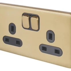 Schneider Electric Lisse Deco 13A 2-Gang SP Switched Plug Socket Satin Brass With Black Inserts