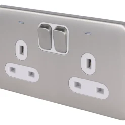 Schneider Electric Lisse Deco 13A 2-Gang DP Switched Plug Socket Brushed Stainless Steel With White Inserts
